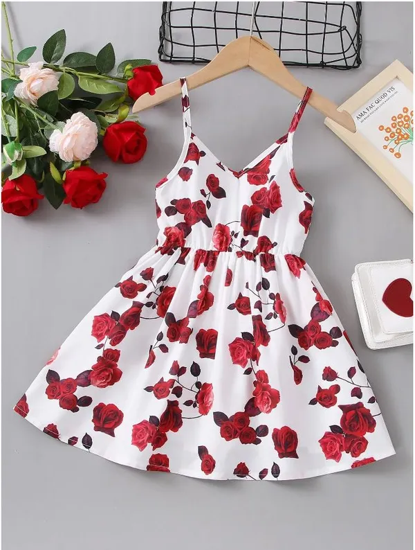 Red__White_Baby_Girl_Strap_Sleeve_Bow_Tie_Floral_Print_Casual_Dress