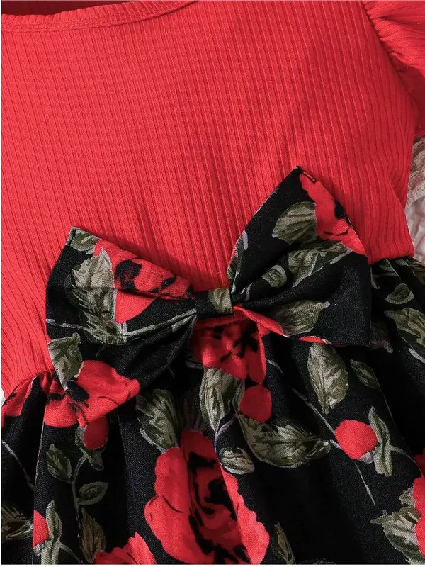 Red__Baby_Girl_Ruffled_Sleeve_Bow_Tie_Floral_Print_Casual_Dress