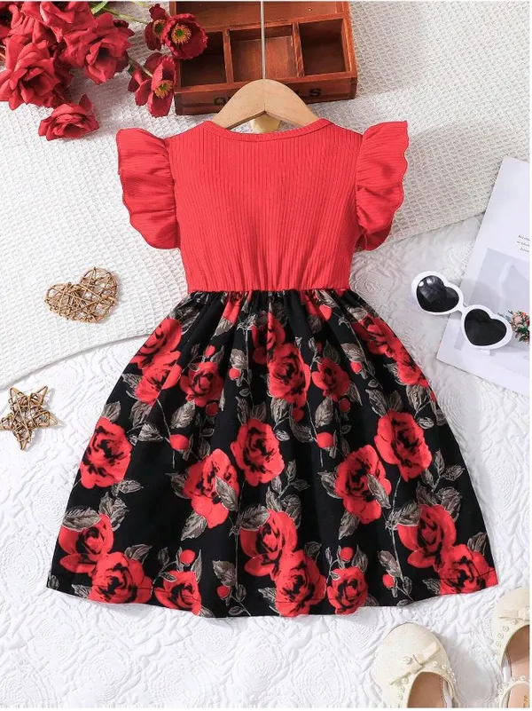 Red__Baby_Girl_Ruffled_Sleeve_Bow_Tie_Floral_Print_Casual_Dress