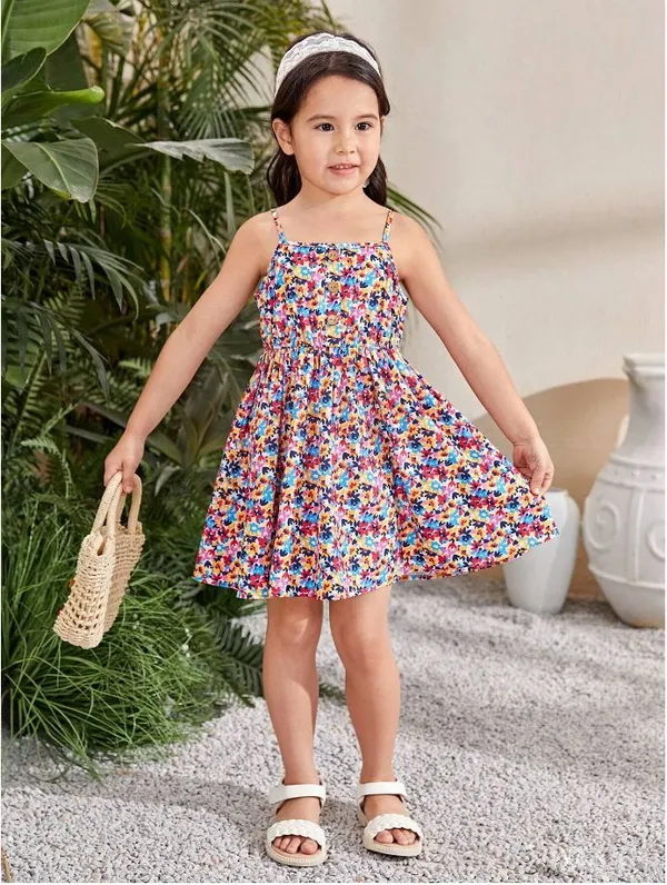 Multicolor_Baby_Girl_Strap_Sleeve_Small_Floral_Print_Casual_Dress