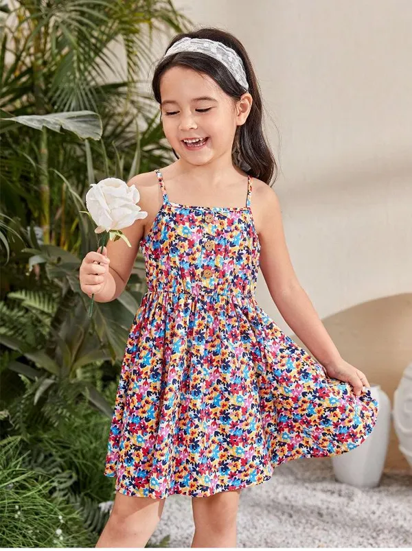 Multicolor_Baby_Girl_Strap_Sleeve_Small_Floral_Print_Casual_Dress