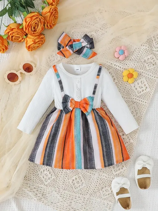 Striped_Bow_Suspender_Dress_Set_For_Baby_Girls
