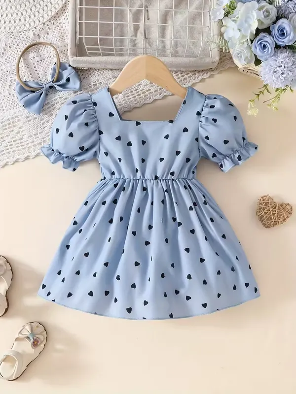 Stylish_Baby_Girl_Heart_Print_Frock_With_Bow_|_Cute_Puff_Sleeve_Dress_|_Party_Wear_Birthday_Dress_For_Kids_|_Soft_&_Comfortable_Summer_Outfit