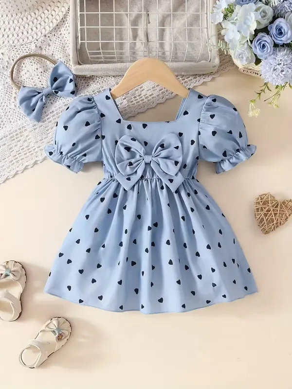 Stylish_Baby_Girl_Heart_Print_Frock_With_Bow_|_Cute_Puff_Sleeve_Dress_|_Party_Wear_Birthday_Dress_For_Kids_|_Soft_&_Comfortable_Summer_Outfit