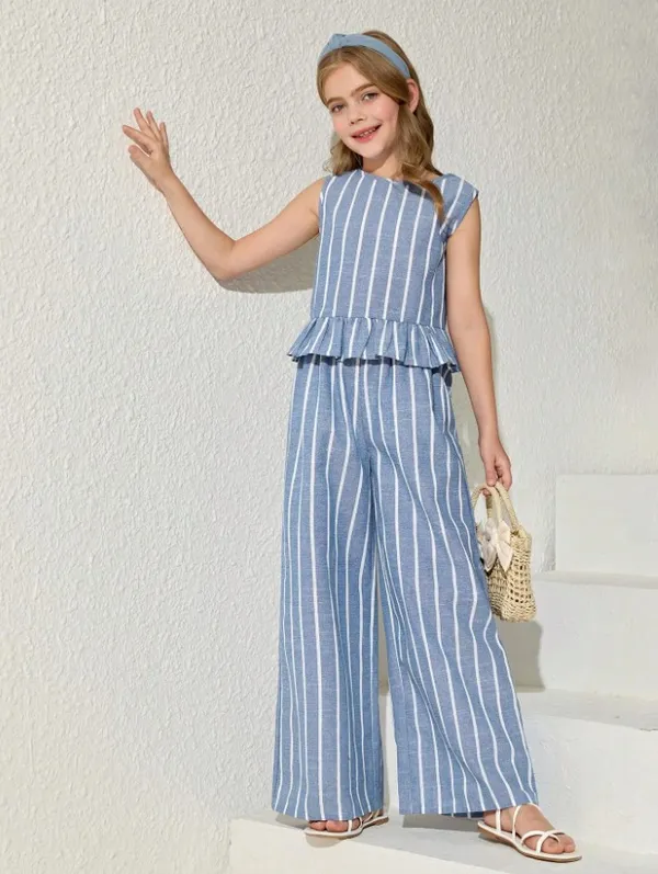 Stylish_Blue_Striped_Peplum_Top_&_Wide-Leg_Pants_Set_For_Girls