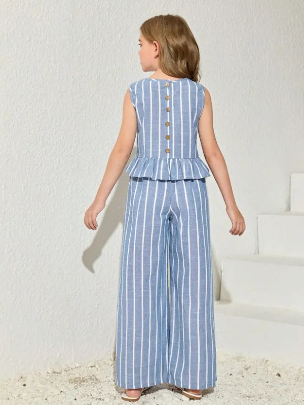 Stylish_Blue_Striped_Peplum_Top_&_Wide-Leg_Pants_Set_For_Girls