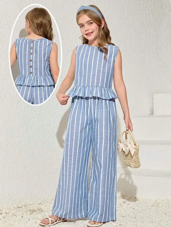 Stylish_Blue_Striped_Peplum_Top_&_Wide-Leg_Pants_Set_For_Girls