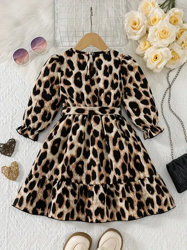 Stylish_Leopard_Print_Party_Dress_For_Girls_With_Bow_Belt_&_Puff_Sleeves