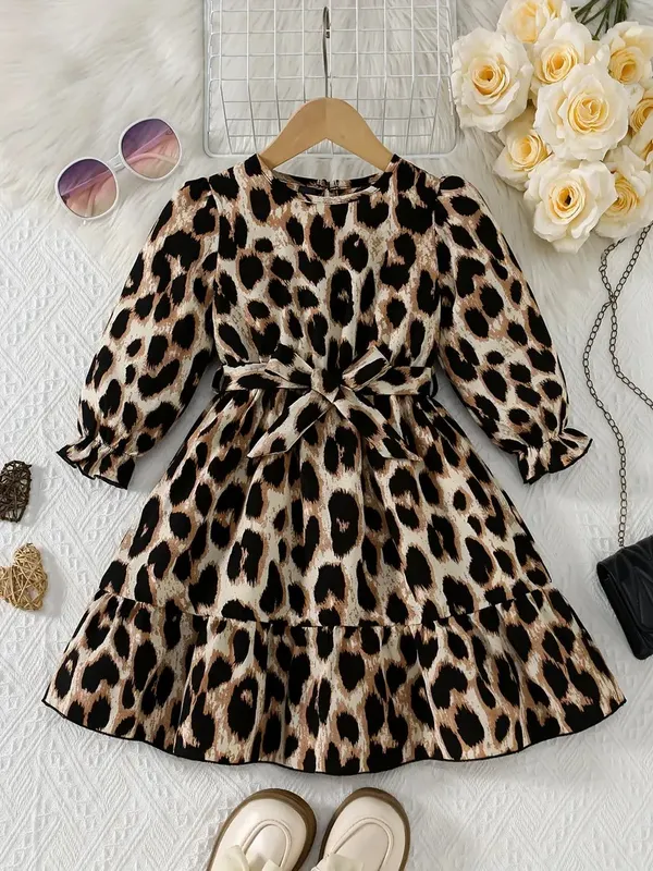 Stylish_Leopard_Print_Party_Dress_For_Girls_With_Bow_Belt_&_Puff_Sleeves