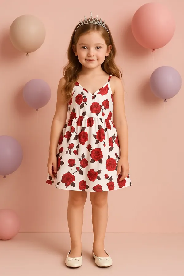 Red__White_Baby_Girl_Strap_Sleeve_Bow_Tie_Floral_Print_Casual_Dress