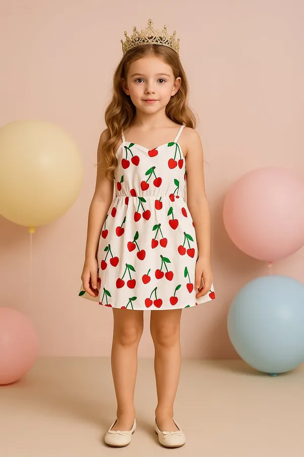 White_Baby_Girl_Strap_Sleeve_Bow_Tie_Cheery_Print_Casual_Dress