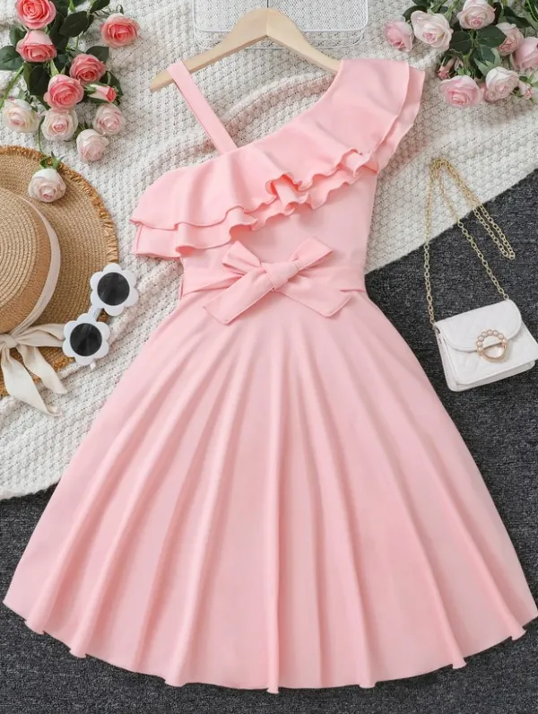 Teen_Girls_Asymmetrical_Neck_Ruffle_Trim_Belted_Dress