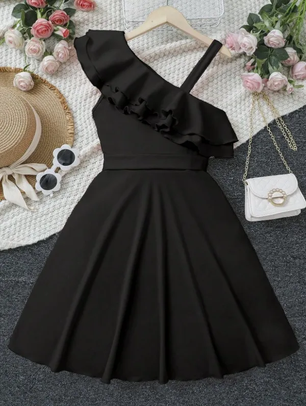 Teen_Girls_Asymmetrical_Neck_Ruffle_Trim_Belted_Dress