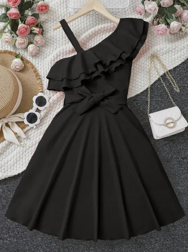 Teen_Girls_Asymmetrical_Neck_Ruffle_Trim_Belted_Dress