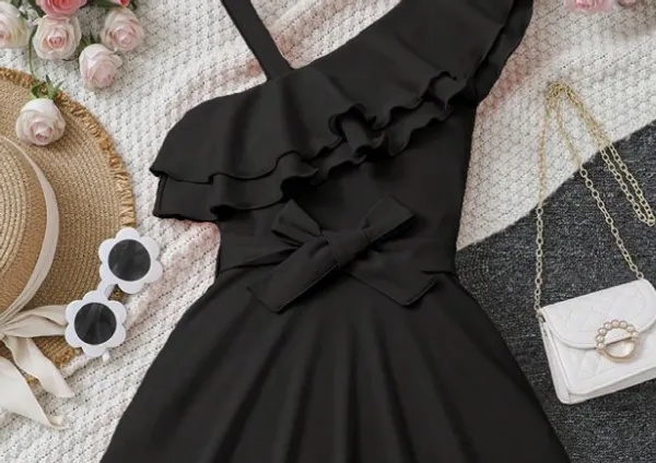 Teen_Girls_Asymmetrical_Neck_Ruffle_Trim_Belted_Dress