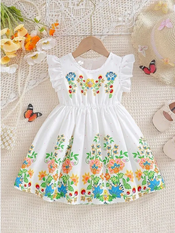 White__Baby_Girl_Ruffled_Sleeve_Bow_Tie_Floral_Print_Casual_Dress