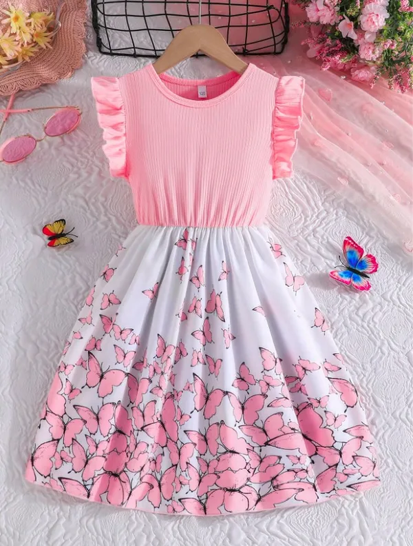 Tween_Girls_Elegant_Floral_Print_Splice_Cap_Sleeve_Ribbed_Casual_Dress_For_Trendy_Wear