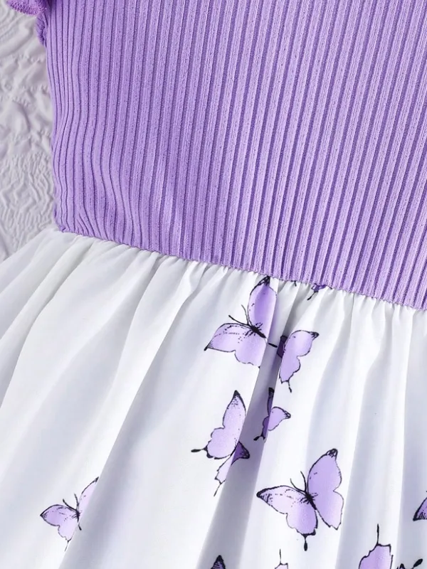 Tween_Girls_Elegant_Floral_Print_Splice_Cap_Sleeve_Ribbed_Casual_Dress_For_Trendy_Wear