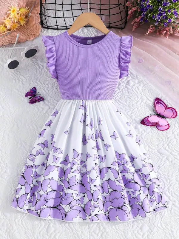 Tween_Girls_Elegant_Floral_Print_Splice_Cap_Sleeve_Ribbed_Casual_Dress_For_Trendy_Wear