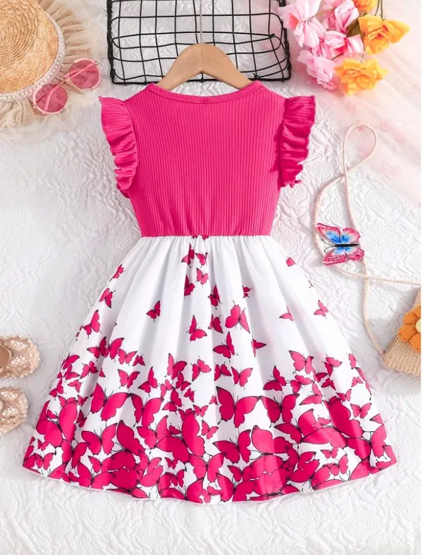 Tween_Girls_Elegant_Floral_Print_Splice_Cap_Sleeve_Ribbed_Casual_Dress_For_Trendy_Wear