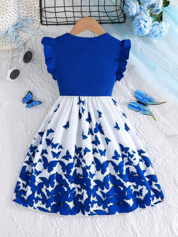 Tween_Girls_Elegant_Floral_Print_Splice_Cap_Sleeve_Ribbed_Casual_Dress_For_Trendy_Wear