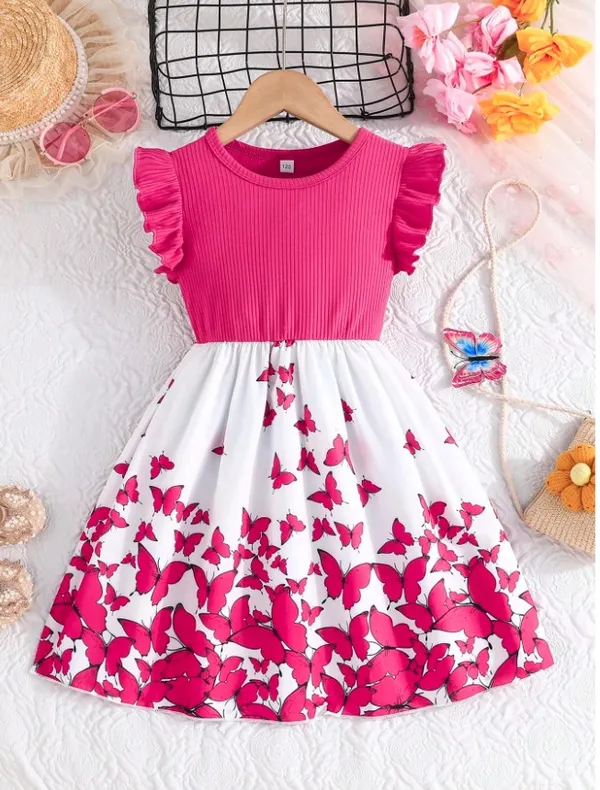 Tween_Girls_Elegant_Floral_Print_Splice_Cap_Sleeve_Ribbed_Casual_Dress_For_Trendy_Wear
