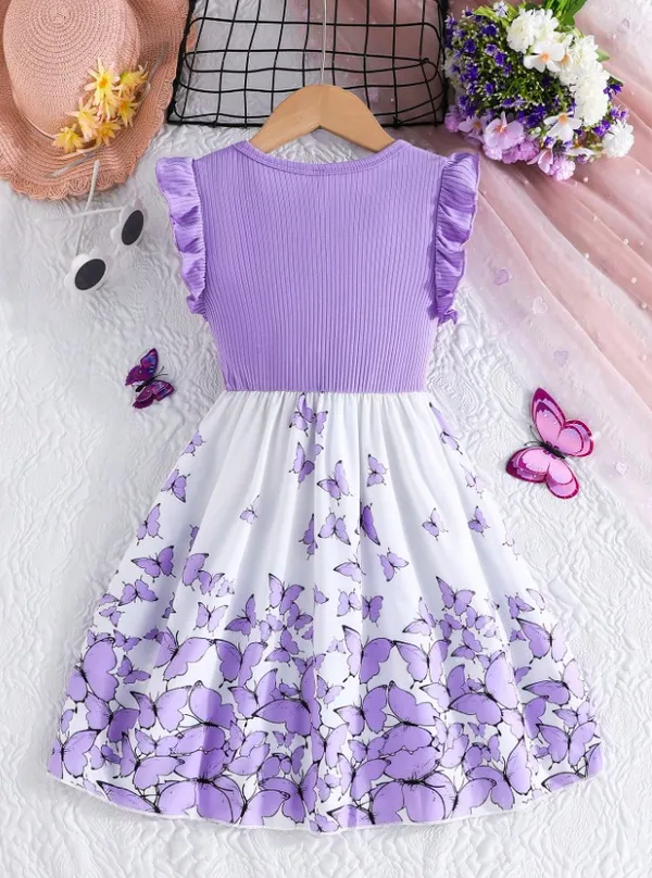 Tween_Girls_Elegant_Floral_Print_Splice_Cap_Sleeve_Ribbed_Casual_Dress_For_Trendy_Wear