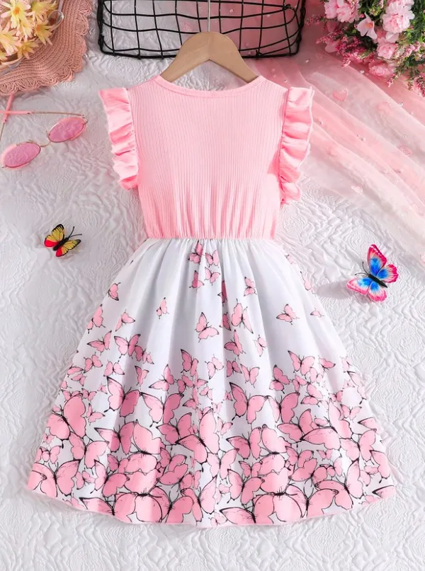 Tween_Girls_Elegant_Floral_Print_Splice_Cap_Sleeve_Ribbed_Casual_Dress_For_Trendy_Wear
