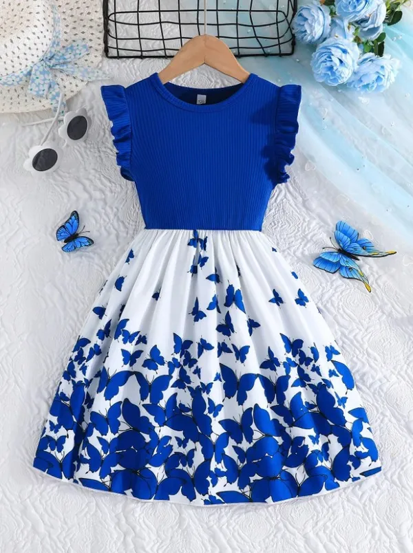 Tween_Girls_Elegant_Floral_Print_Splice_Cap_Sleeve_Ribbed_Casual_Dress_For_Trendy_Wear