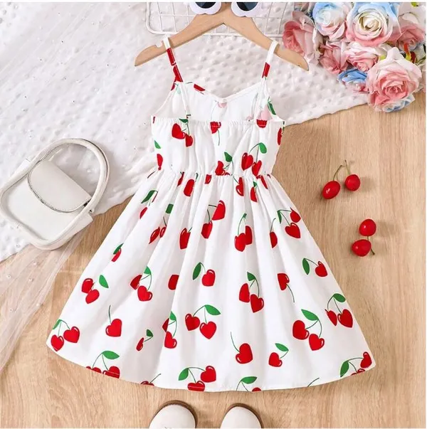 White_Baby_Girl_Strap_Sleeve_Bow_Tie_Cheery_Print_Casual_Dress