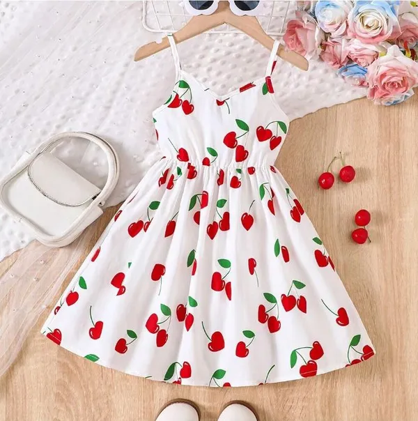 White_Baby_Girl_Strap_Sleeve_Bow_Tie_Cheery_Print_Casual_Dress