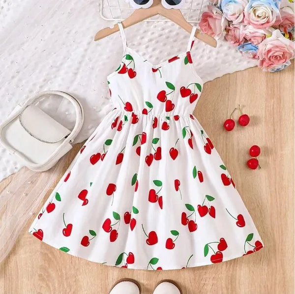 White_Baby_Girl_Strap_Sleeve_Bow_Tie_Cheery_Print_Casual_Dress