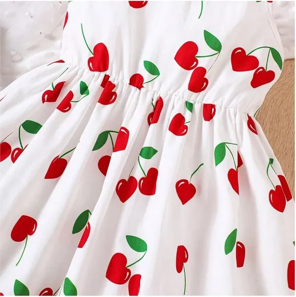 White_Baby_Girl_Strap_Sleeve_Bow_Tie_Cheery_Print_Casual_Dress