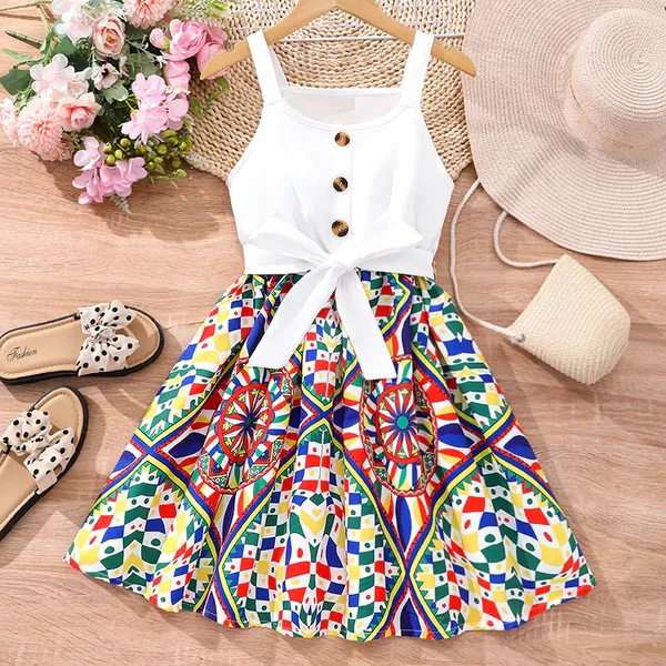 White_Baby_Girl_Strap_Sleeve_Bow_Tie__Printed_Casual_Dress_Frock