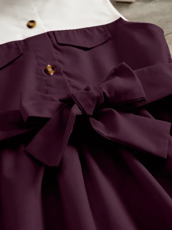 Wine_And_White_Sleeveless_Shirt_Dress_With_Bow_Belt_For_Girls