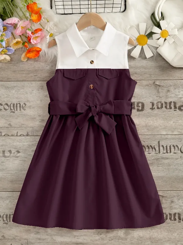 Wine_And_White_Sleeveless_Shirt_Dress_With_Bow_Belt_For_Girls
