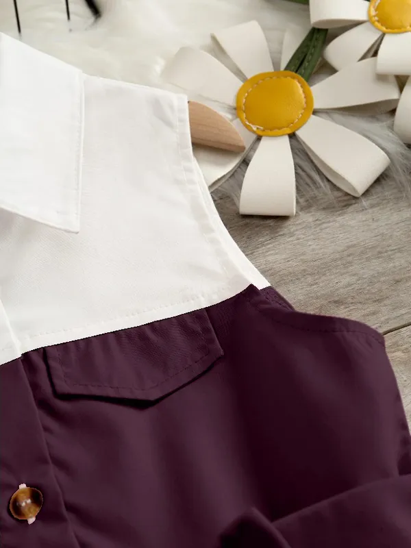 Wine_And_White_Sleeveless_Shirt_Dress_With_Bow_Belt_For_Girls