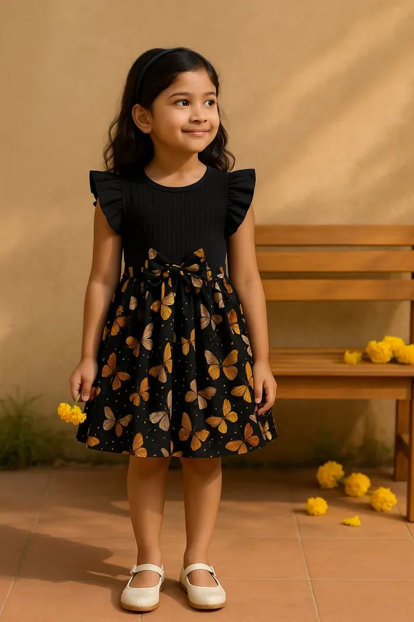 Black_Baby_Girl_Ruffled_Sleeve_Bow_Tie_Floral_Print_Casual_Dress