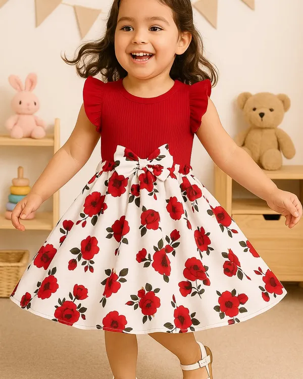 Red__Baby_Girl_Ruffled_Sleeve_Bow_Tie_Floral_Print_Casual_Dress