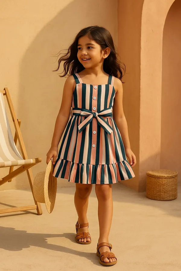 Pink_And_Black_Baby_Girl_Strap_Sleeve_Bow_Tie_Strip_Print_Casual_Dress