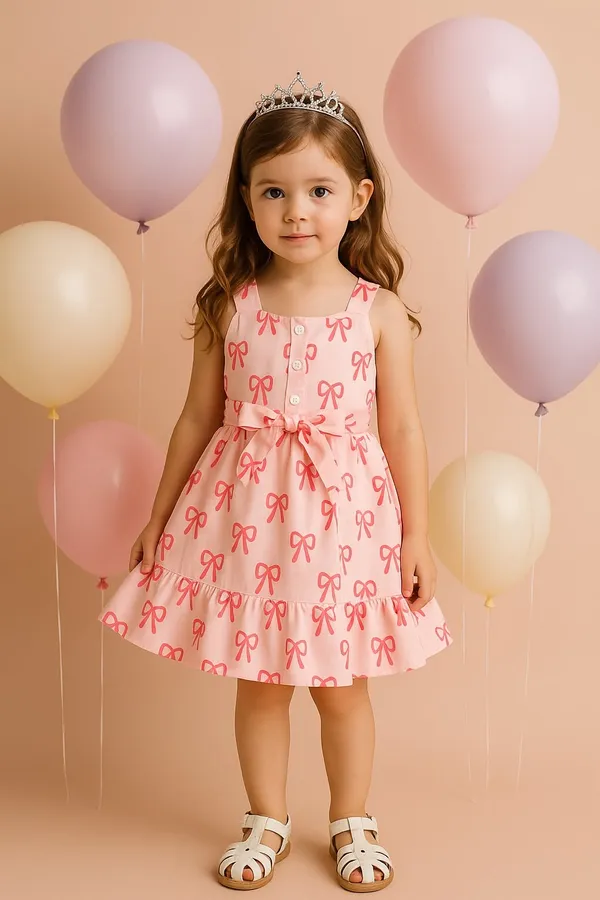 White_Baby_Girl_Strap_Sleeve_Bow_Tie_Bow_Print_Casual_Dress