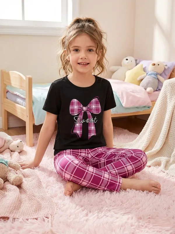 Girls_Black_Printed_Nightdress_Set_|_Sweet_Bow_T-Shirt_&_Wine_Check_Pajama_Nightwear