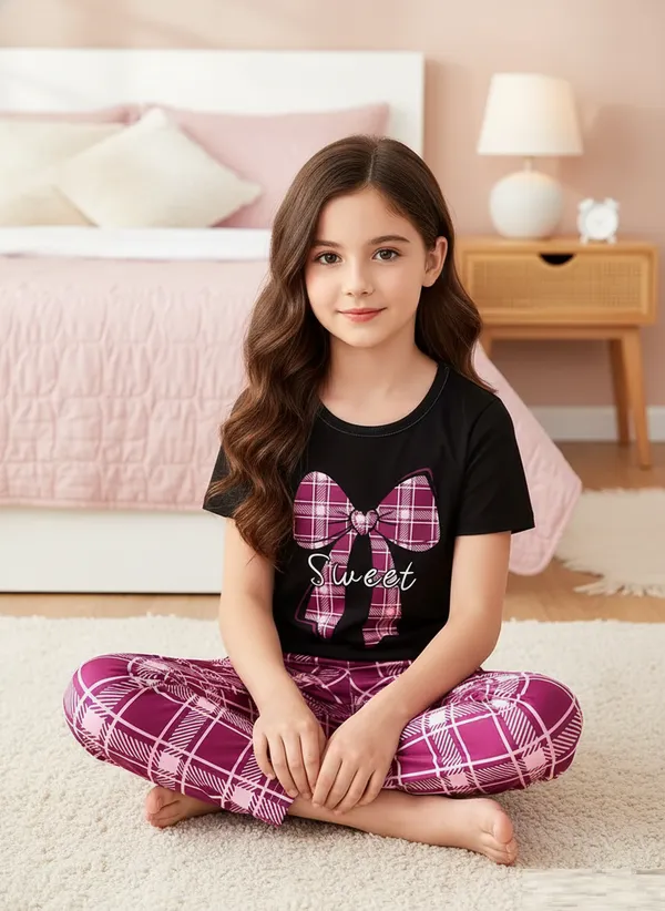 Girls_Black_Printed_Nightdress_Set_|_Sweet_Bow_T-Shirt_&_Wine_Check_Pajama_Nightwear