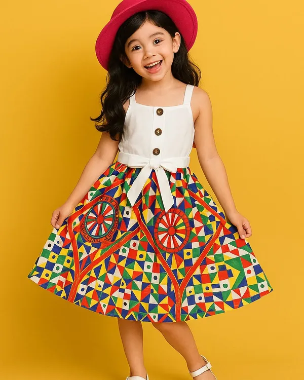 White_Baby_Girl_Strap_Sleeve_Bow_Tie__Printed_Casual_Dress_Frock