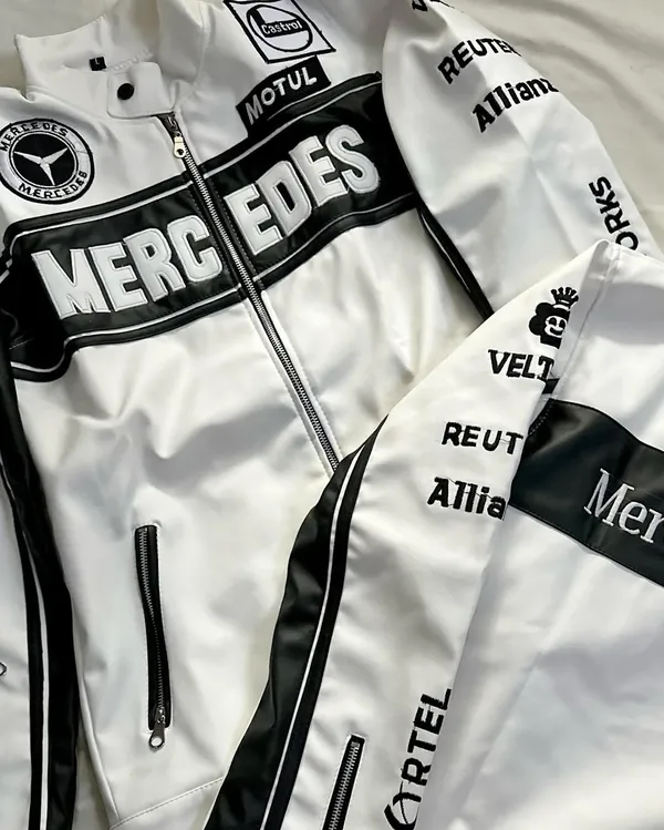White_&_Black_Leather_Mercedes_F1_Racing_Jacket_For_Men_&_Women