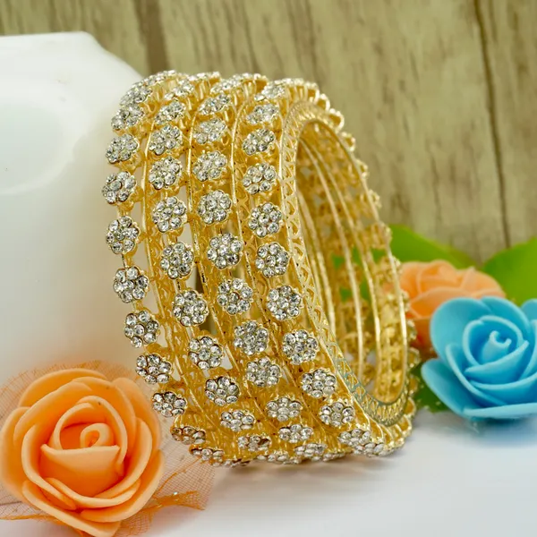 Panini Jewels Gold Plated Flower Stone Bangles Set (4 Pieces