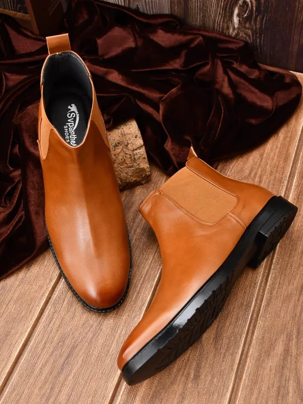 Tan_Faux_Leather_Chelsea_Boots_For_Men