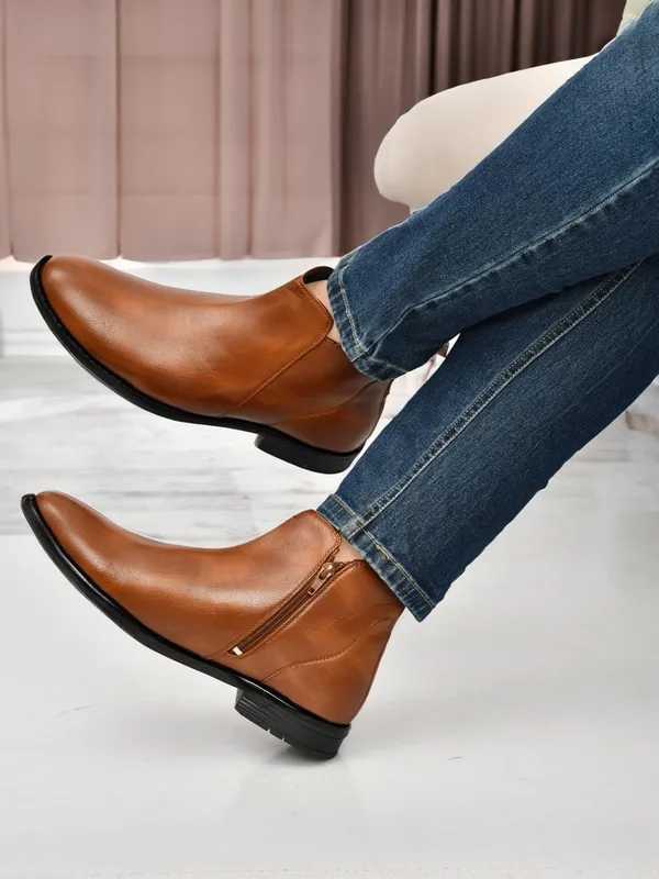 Tan_Faux_Leather_Chelsea_Boots_For_Men