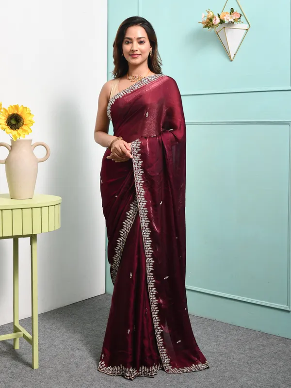 Maroon_Satin_Embroidered_Sarees_For_Women