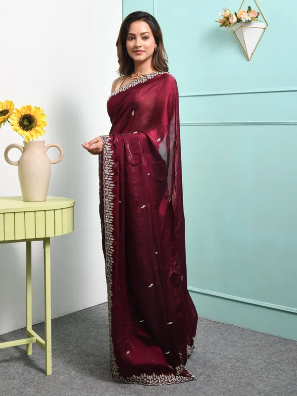 Maroon_Satin_Embroidered_Sarees_For_Women
